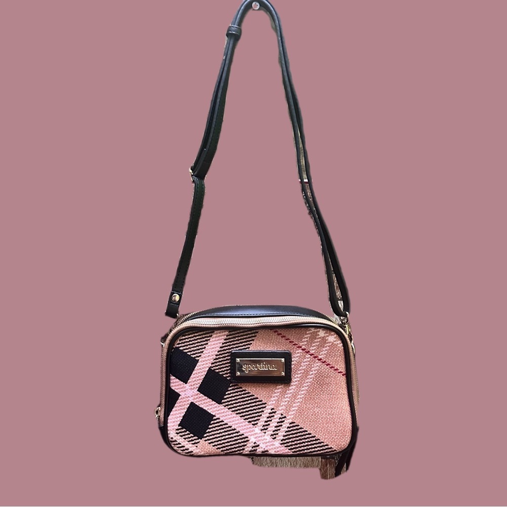 Spartina 449 Pink and Black Crossbody Bag with Geometric Design